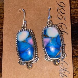 Blue Dahlia and Sterling Silver Dangle Earrings
